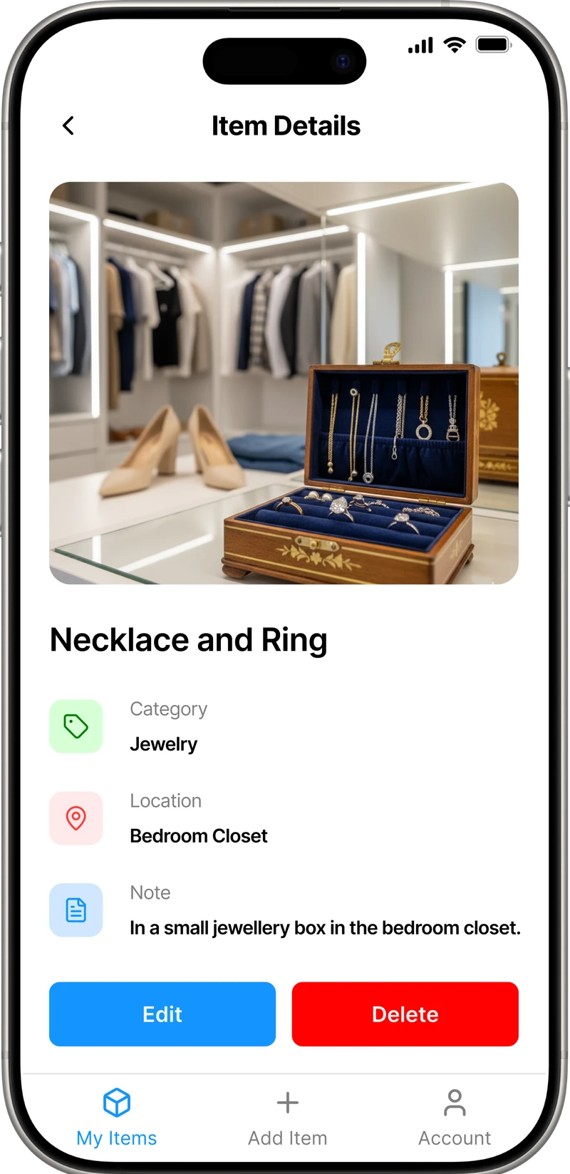 iFoundIt item details screen documenting a valuable with its photo, category, and location